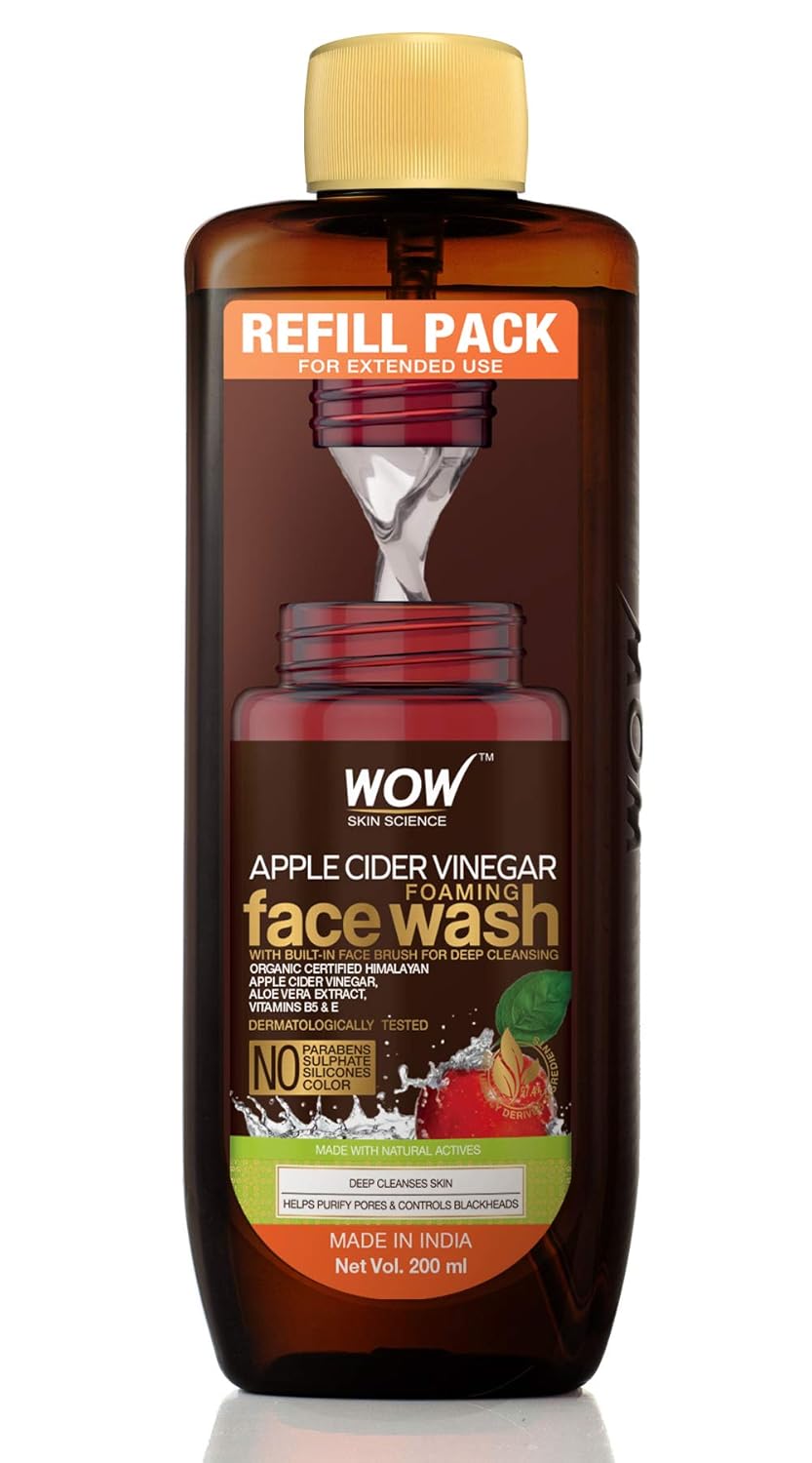 WOW Skin Science Apple Cider Vinegar Foaming Face Wash Refill Pack - with Organic Certified Himalayan Apple Cider Vinegar - For Extended Use - No Parabens, Sulphate, Silicones & Color - 200 ml