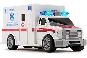 Vokodo Rescue Ambulance Friction Powered 1:20 Scale Toy Car with Lights and Sounds Durable Kids Medical Transport Emergency Vehicle Push and Go Pretend Play Van Great Gift for Children Boys Girls