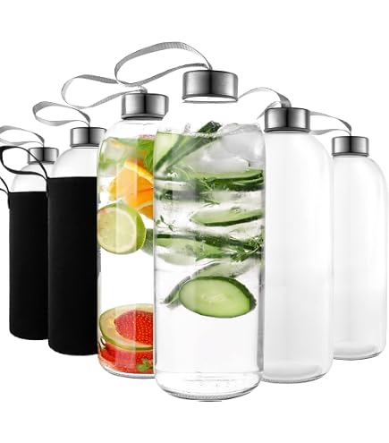 Amazon.com: Kitchen Lux 32 oz Glass Water Bottle Set of 6 - Clear Glass  Bottles with Reusable Lids and Protective Sleeves : Home & Kitchen