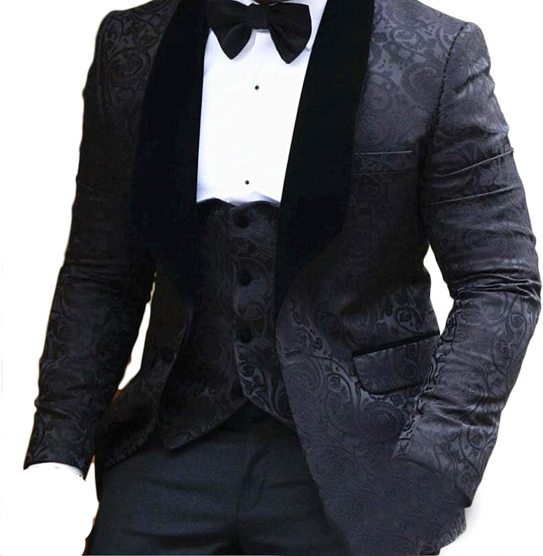 auguswu One Button Jacquard Weave Mens Slim Fit Tuxedos Suits 2 Piece Sets