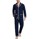 MoFiz Mens Pajama Set Soft Cotton Button Down Notched Collar Pjs Long Sleeve 2 Piece Sleepwear Lounge Nightwear with Pocket