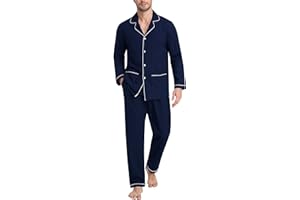 MoFiz Mens Pajama Set Soft Cotton Button Down Notched Collar Pjs Long Sleeve 2 Piece Sleepwear Lounge Nightwear with Pocket