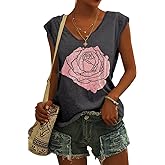 Fazortev Womens Cap Sleeve Blouses Rose Graphic Tees T-Shirt Casual V Neck Tank Tops Loose Fit Summer Basic Shirts