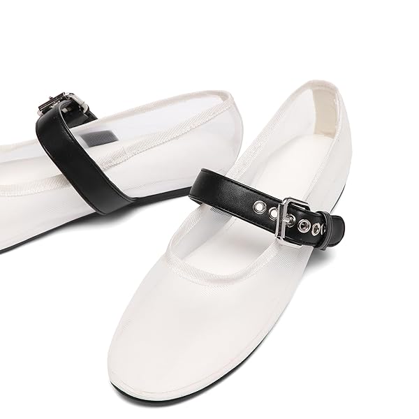 VOLEECE MESH BALLET FLATS FOR WOMEN BUCKLE STRAP ROUND TOE MARY JANE FLATS SLIP ON COMFORTABLE CASUAL DRESS BALLERINA SHOES(WHITE,8)