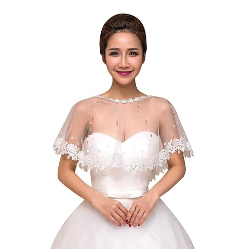 SK Studio Damen Braut Boleros Spitzejacke Mit Strass Transparent Bestickt Bolero Top Für Brautkleid Weiß Cape Spitzen Tüll Ja