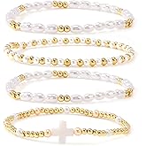 Bohxantium Pearl Gold Beaded Bracelets Set for Women White Cross Bracelet Stack Stretch 14K Gold Plated Beads Ball Stackable Non Tarnish Trendy Dainty Jewelry Friendship Christian Gifts for Women
