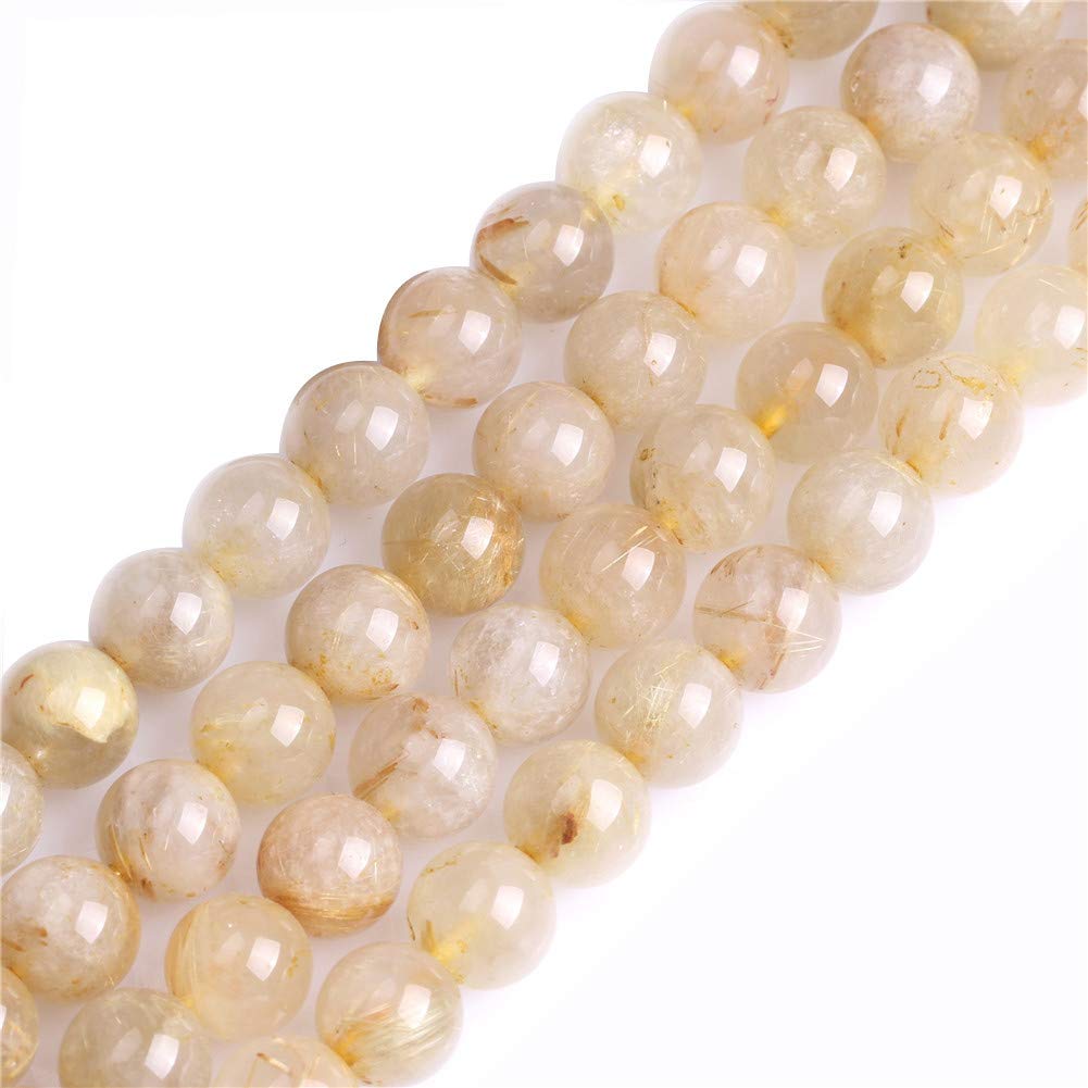 GEM-Inside Natural 9mm Yellow Rutilated Quartz Round Gemstone Semi Precious Loose Beads for Jewellery Making 15''