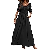 LEYRASON Women's Summer Puff Sleeve Maxi Dress Scoop Neck Smocked Tie Ruffle A Line Long Flowy Beach Dresses Pockets