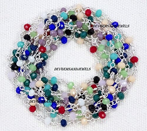 10 Feet Multi Color Hydro 3.50mm Faceted Rondelle 925 Silver Plated Wire Wrapped Rosary Beaded Chain.