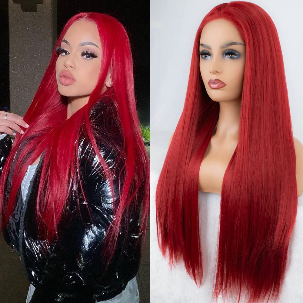 26inches Red Synthetic Lace Front Wigs for Women Long Straight Lace Wigs Heat Resistant Fiber Hair (Red)