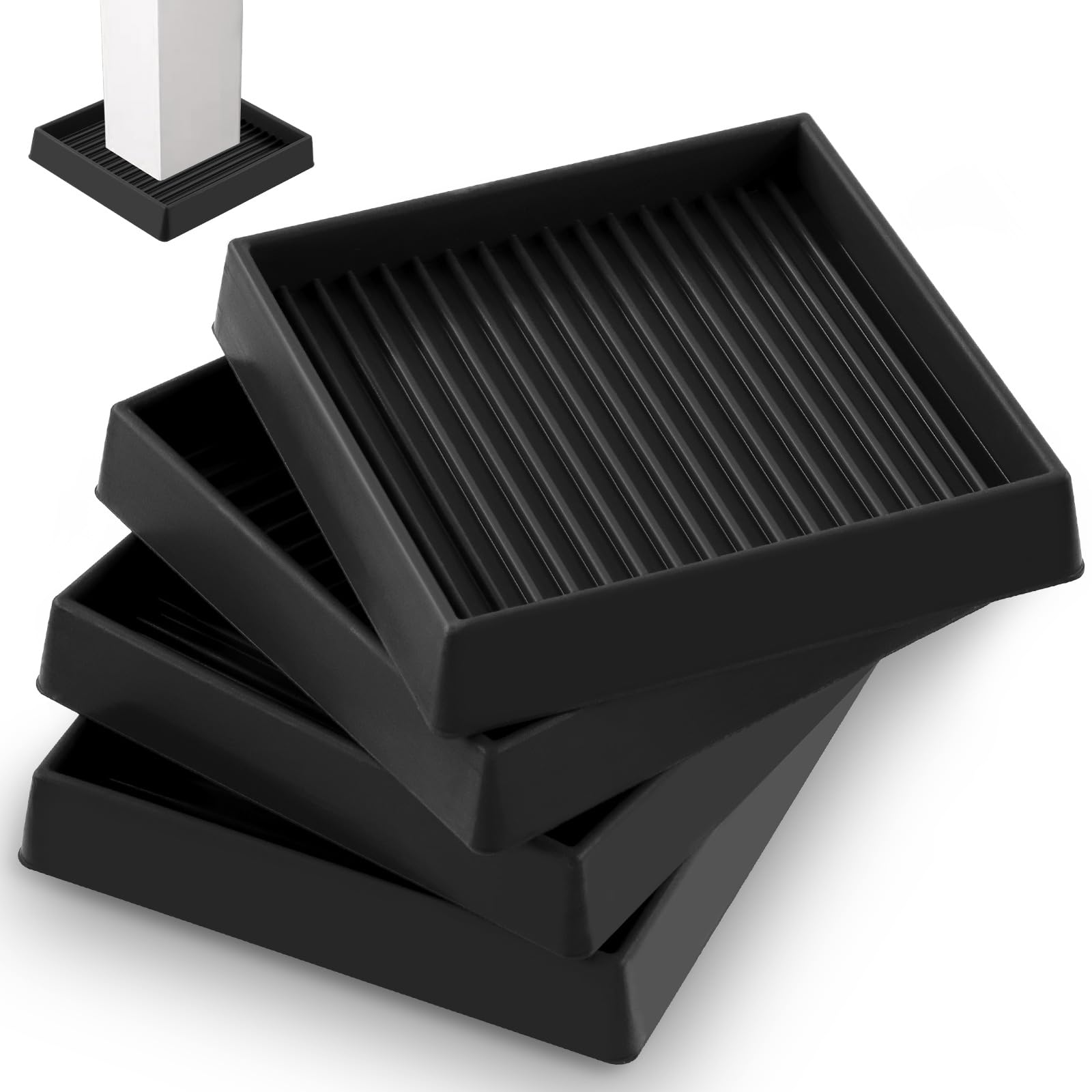 Rustark 4Pcs 100mm 4 Inch Black Square Rubber Caster Cups Non Slip Furniture Square Pads Coasters Square Pads Hardwoods Floors Protectors Non Skid Square Furniture Feet Cap for Bed Couch Tables Chair