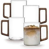 USEEKRIL Glass Mugs with Wooden Handle,14 OZ Coffee Mugs set of 4.Clear Mugs for Tea, Latte, Espresso Coffee and Juice