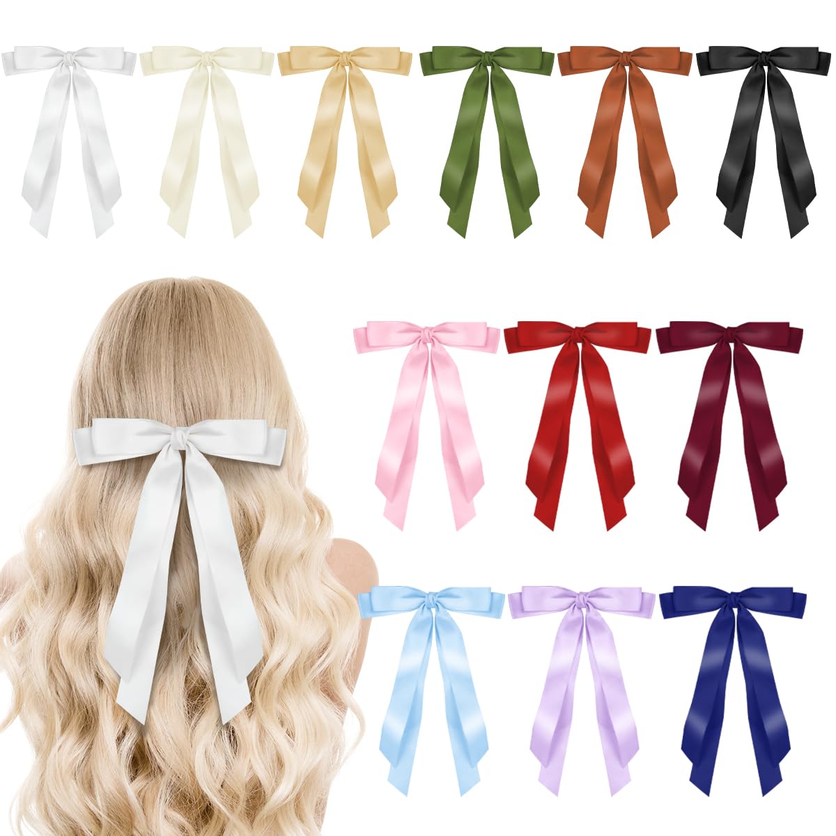 BOJVESH 12Pcs Silky Satin Hair Bows Clips, Slide Metal Clips with Long Tail, Solid Color French Barrette, BowKnot Hair Accessories for Women & Girls