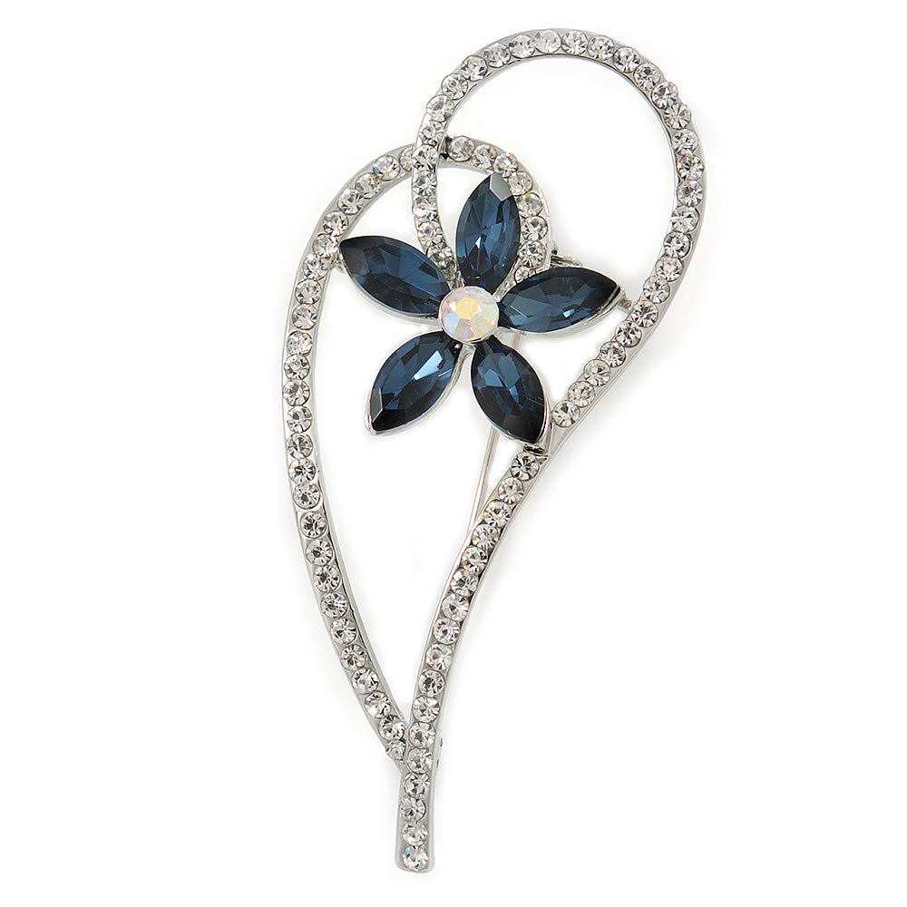 Open Asymmetrical Heart with Blue CZ Flower Brooch In Rhodium Plating - 65mm Across
