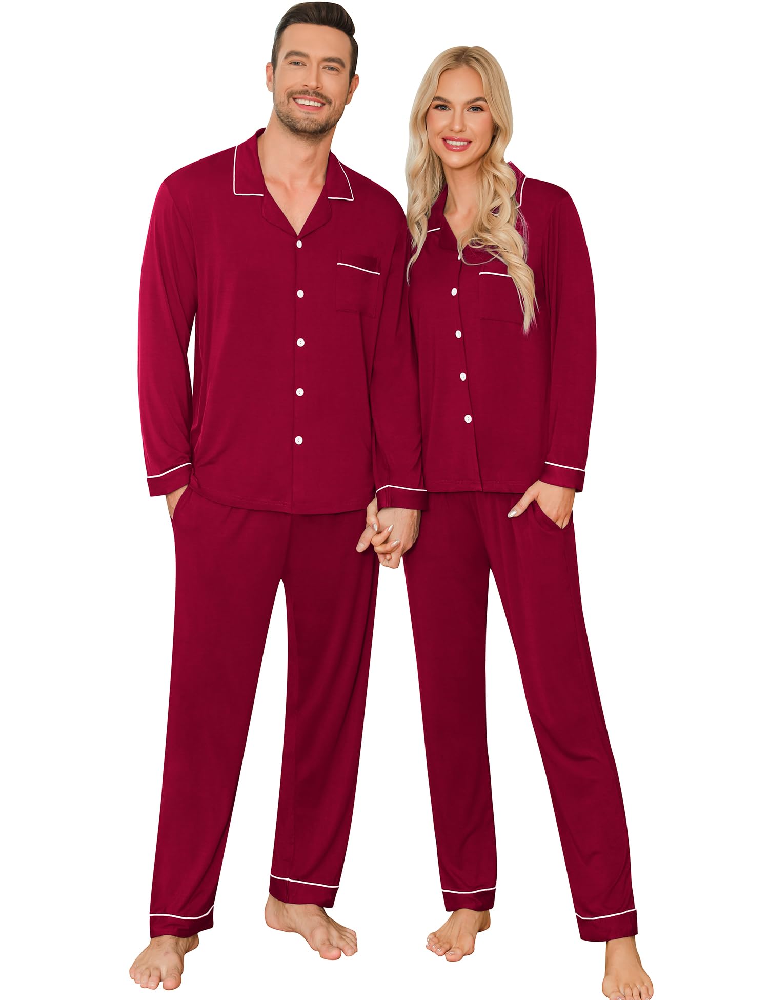 Photo 1 of SWOMOG Couple Matching Pajamas Set Christmas Pajamas Long Sleeve Button Down Pj Set Festival Party Xmas Sleepwear Wine Red