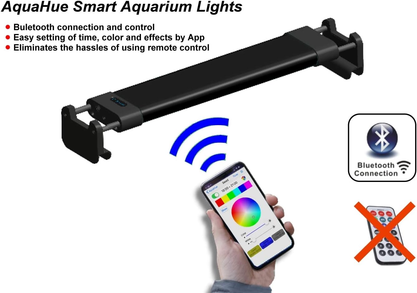 yalumi AquaHue Bluetooth Smart Full Spectrum LED Aquarium Light, Fish Tank Light with Extendable Brackets