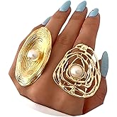 Quivox Gold Statement Rings for Women,Adjustable Chunky Rings Vintage Big Open Ring Set Stacking Pearl Ring Pack,Boho Everyday Jewelry Accessories Gift