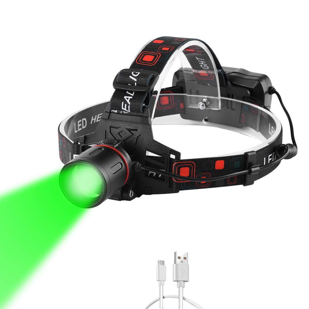 WESLITE Green Light Head Torch, Green LED Headlamp with Green Light Headlight High Lumens & Zoomable 3 Modes USB Rechargeable Head Torch Green for Night Vision Camping Hiking Fishing