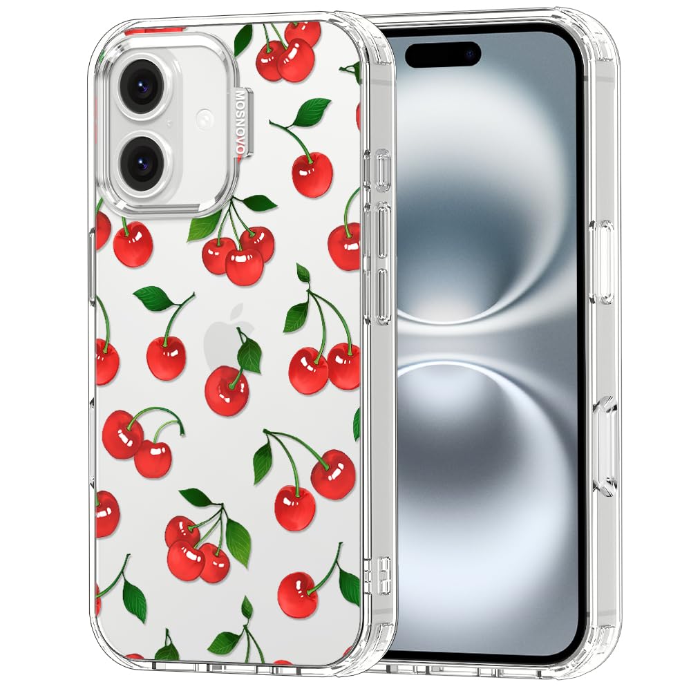 MOSNOVO Case for iPhone 16, [Buffertech 6.6ft Military-Grade Drop Protection] [Anti Peel Off Tech] Clear TPU Bumper Phone Case Cover Design - Cute Cherry