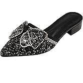 EGEBS Women's Shiny Rhinestone Bow Chunky Heels Mules Fashion Comfortable Closed Pointed Toe Slip On Low Heel Slides Sandals for Party Date Wedding Dressy Clogs