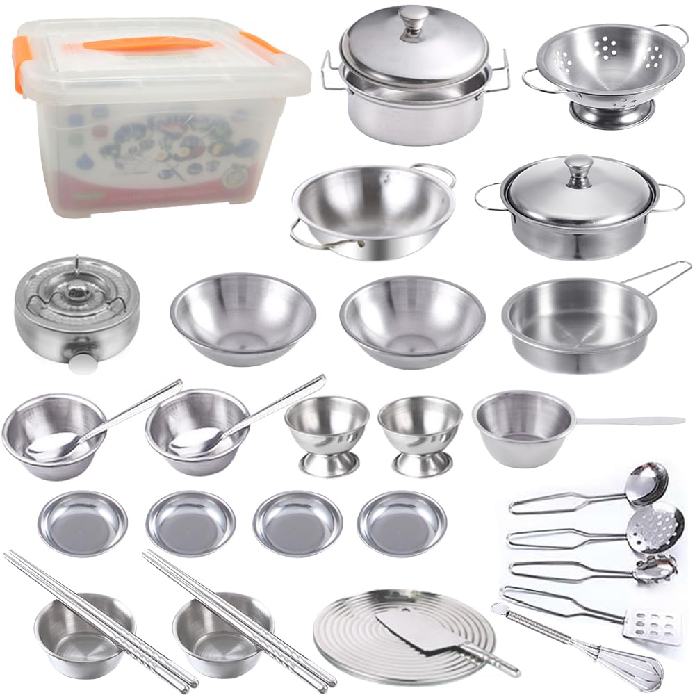 GOLCUGYJH Kitchen Pretend Play Accessories - Mini Stainless Steel Cookware Set with Portable Storage Box, Cooking Utensils, Pots and Pans, Role Play Educational Toys for Kids Toddlers Boys Girls