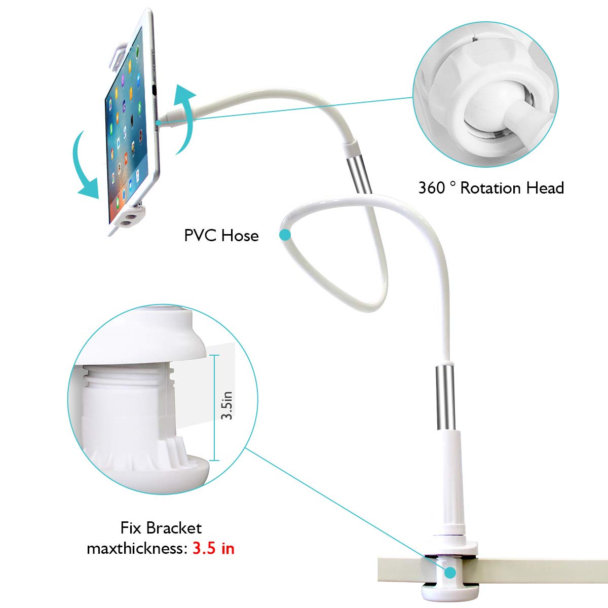 Licheers Lazy Phone Holder, 360 Rotating Flexible Long Arm Gooseneck Bracket for Universal Cell Phone, Solid Grip Securely Clamped to Counter Top, Bed Post, Desk (White)