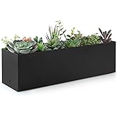 Sanbege 17" Large Stainless Steel Planter Box with Drain Holes and Water Reservoir, Rectangle Succulent Trough Planter Pot for Indoor Outdoor Windowsill, Table Decor (Black)