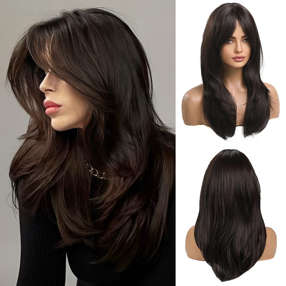 OUFEI 20 Inches Long Straight Dark Brown Layered Synthetic Hair Wigs with Bangs for Women Daily Party Use — image 1