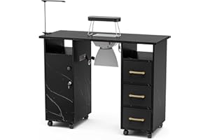 Paddie Manicure Table Nail Station with Power Outlets, Marble Grained Nail Tech Table Nail Table Station w/Dust Collector, Non-Woven Drawers, Lockable Wheels & Wrist Cushion(Black)