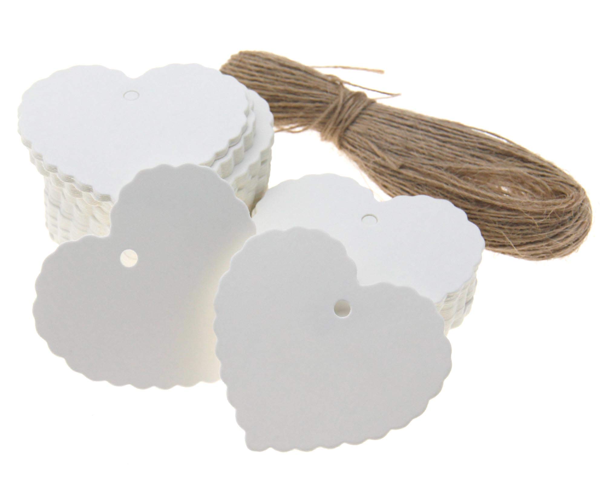 eMagTech 100Pcs Heart Shape Paper Gift Tags, White Wedding Scallop Label Blank Luggage Tags with Strings