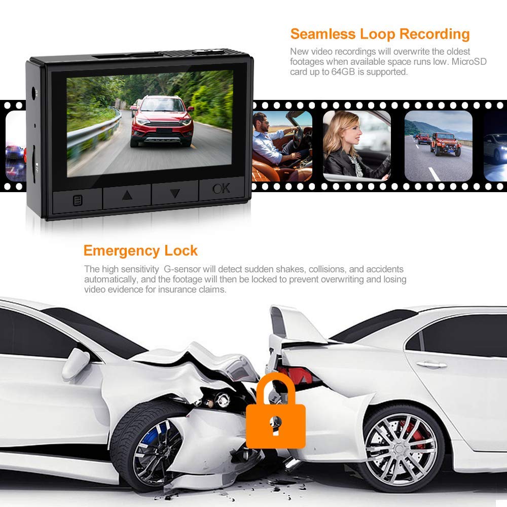 Nulaxy Dash Cam, 1080P Full HD Car Camera Recorder 170° Wide Angle, Super Night Vision, Motion Detection, G-Sensor, Loop Recording, Parking Mode, Supports up to 64GB microSD Card - Black