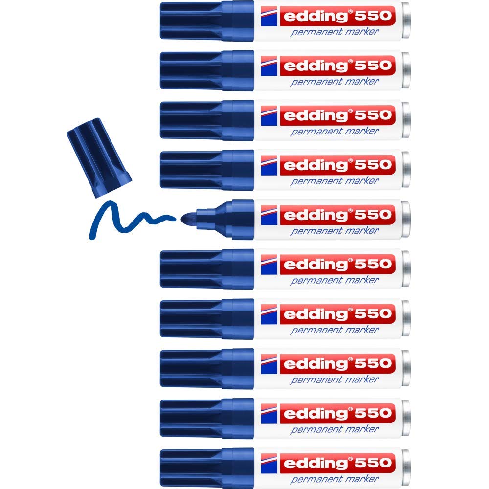 edding 550 permanent marker - blue - 10 pens - round tip 3-4 mm - waterproof, quick-drying, smear-proof pens - for cardboard, plastic, wood, metal, glass and fabric
