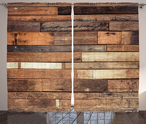 Ambesonne Wooden Print Curtains, Rustic Floor Planks Grungy Look Farm House Country Style Walnut Oak Grain Image, Living Room Bedroom Window Drapes 2 Panel Set, 108" X 90", Brown