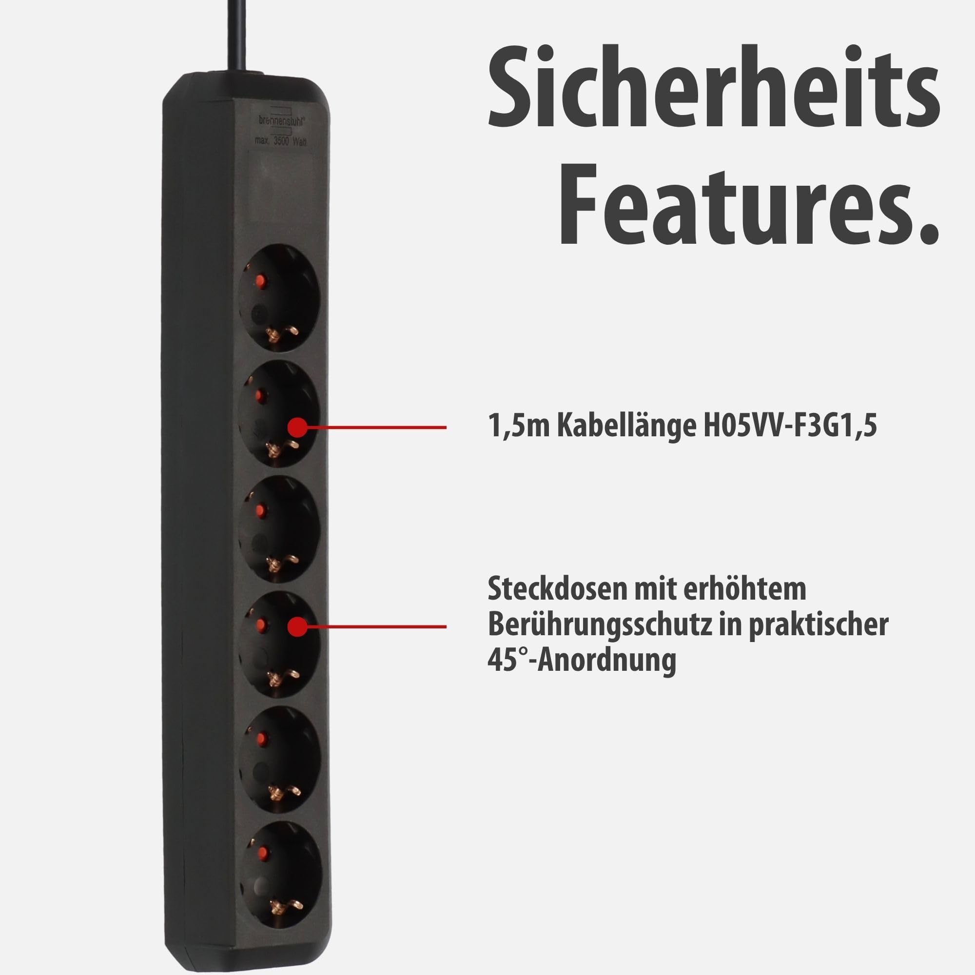 Brennenstuhl Eco-Line Steckdosenleiste 6-Fach (Mehrfachsteckdose mit erhöhtem Berührungsschutz und 1,5m Kabel) schwarz 3