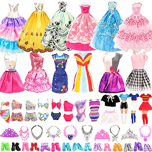 Miunana 41 pcs Girl Doll Clothes and Accesories, 5 Girl Doll Clothes + 4 Cheerleader Uniform + 5 Summer Swimsuit + 5 Party Dress + 6 Necklace + 6 Crown + 10 Doll Shoes for 11.5 inch Dolls