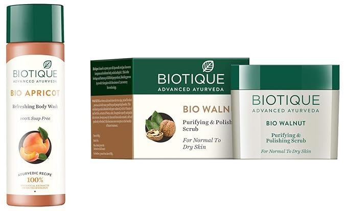 Biotique Bio Apricot Refreshing Body Wash, 190ml & Bio Walnut Purifying & Polishing Scrub For Normal To Dry Skin, 50G Combo