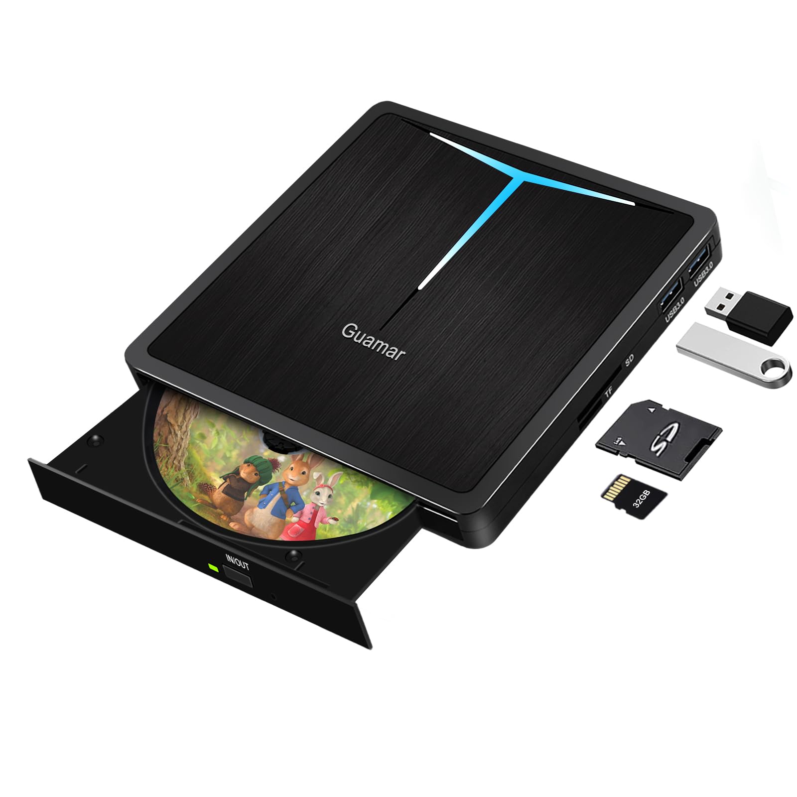 Guamar External CD/DVD Drive for Laptop, USB 3.0 USB-C DVD Player CD Burner with 2 USB Ports SD TF Slot, Portable CD DVD ROM Drive Disk Reader Writer for PC Mac MacBook Windows 11 Linux