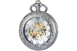 DerMacht Mechanical Pocket Watch, for Men Women Special Magnifier Half Hunter Engraved Case Roman Numerals with Chain