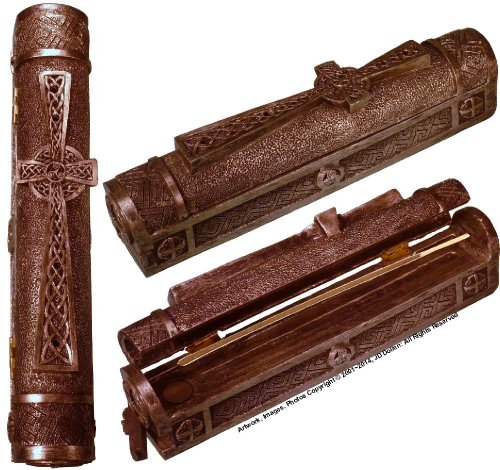 Celtic Design Coffin Box Style, Incense Stick and Cone Ashcatcher - Burner with Incense Storage Compartment, by Nose Desserts Brand