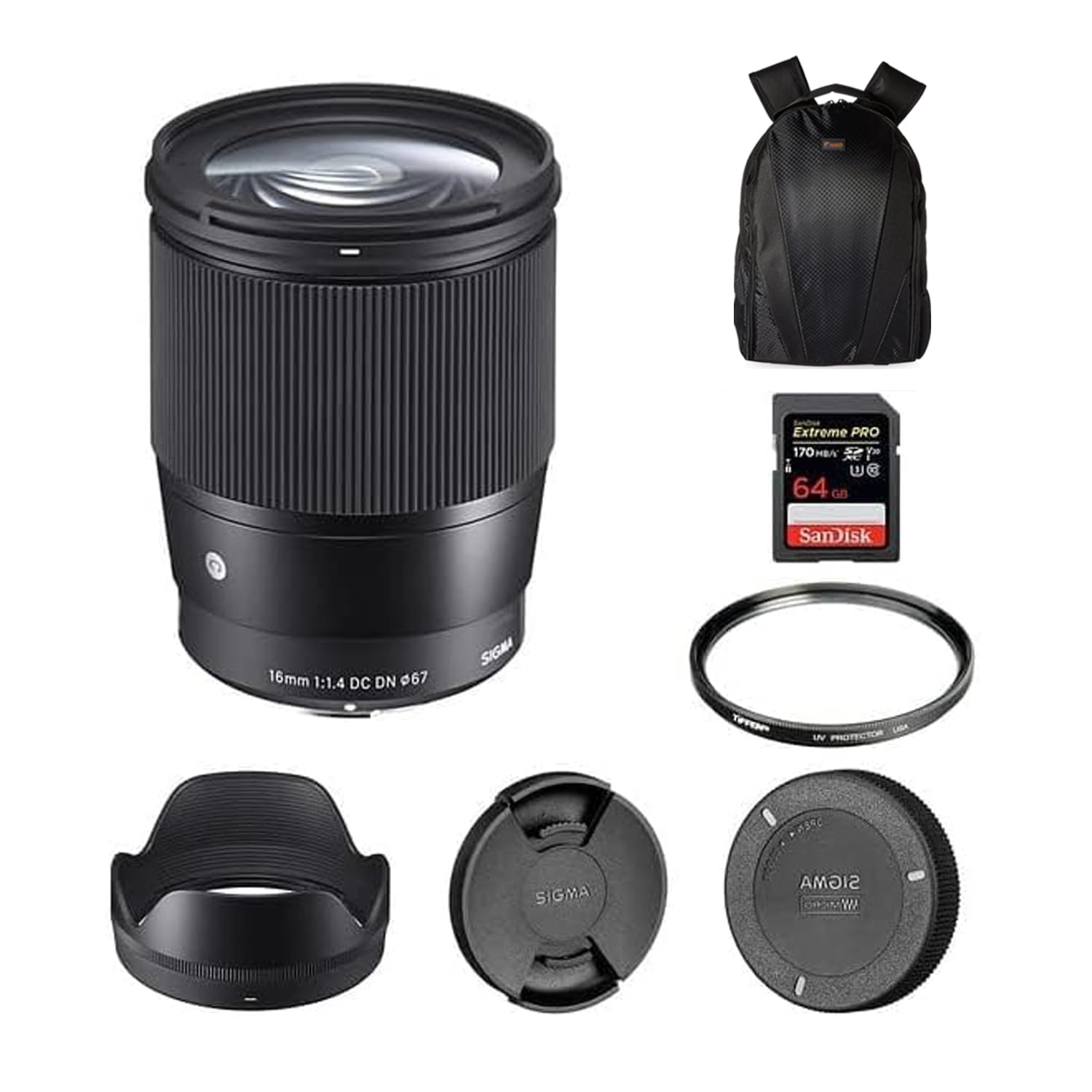 Sigma 16mm f/1.4 DC DN Contemporary Lens for Sony E | APS-C Format, Super Multi-Layer Coating, Weather-Sealed, Tiffen 67mm UV Protector Filter, 64GB Extreme PRO Memory Card, and Waith Camera Bag