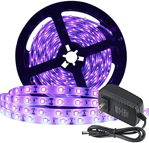 UV LED Black Light Strip, 24W 16.4Ft/5M 2835 SMD 300LEDs 395-400nm Flexible Waterproof IP65 LED Light Strip with DC 12V 3A Power Supply