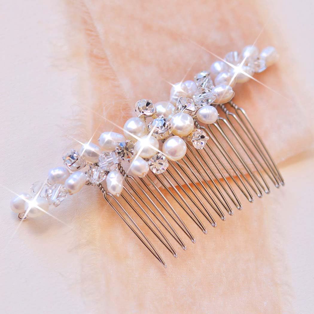 Unicra Wedding Pearl Hair Comb Flower Hair Accessories with Crystal Bridal Side Combs Headpiece for Bride (Silver)