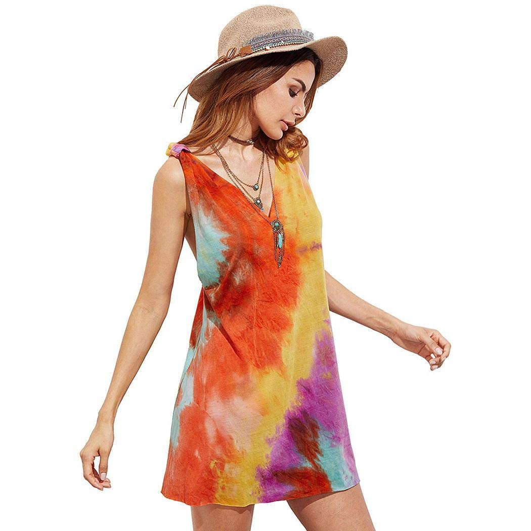 ilonti Women\'s Sleeveless V Neck Dye Printed Casual Backless Dress Dresses