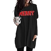 GLIGLITTR Women Merry Christmas Shirt Glitter Patch Long Sleeve Tunic Top Xmas Holiday Tshirt Dress Blouse Outfit with Pocket