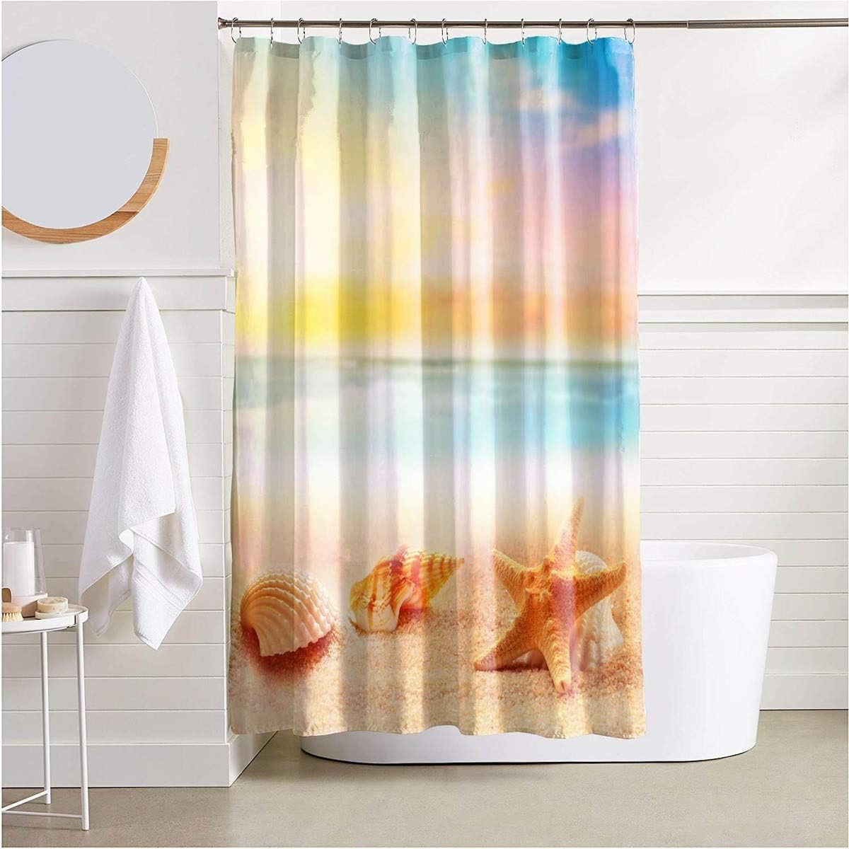 Amazon Com Hmwr Shell Starfish Conch Sandy Beach Fabric Shower Curtain Summer Seaside Bathroom Decor Weighted Shower Curtain For Bathtub Showers 70 X 70 Iridescent Home Kitchen
