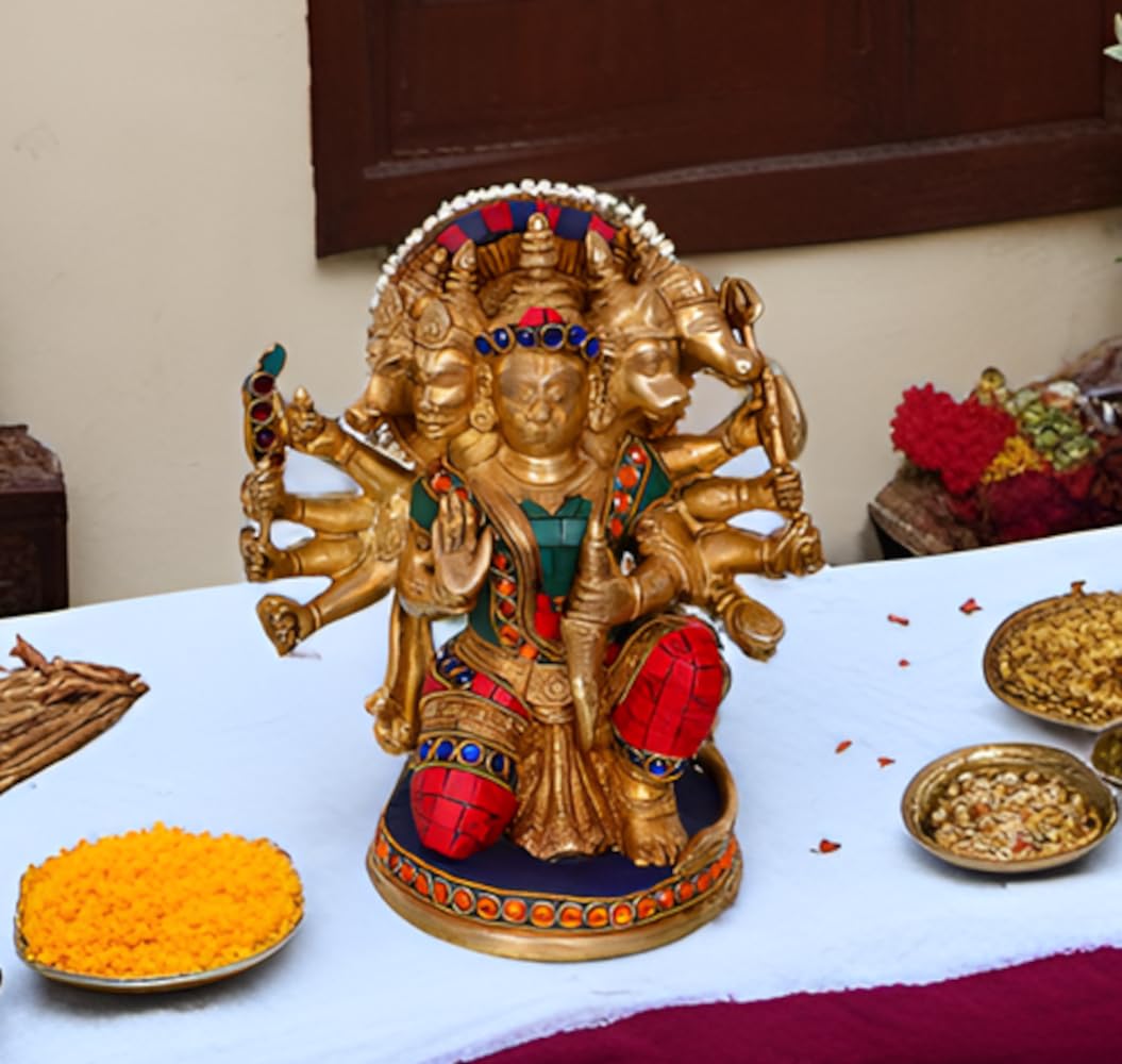 Purpledip Brass Statue Lord Hanuman in Pancha-mukhi Avatar: Handmade Idol with Gemstones for Home Temple (10682)