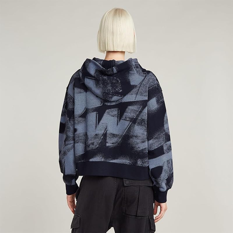 Donna Sprayed Letters Loose Hooded Sweater, Multicolore (osaka blue sprayed letters D26088-D325-H317), S