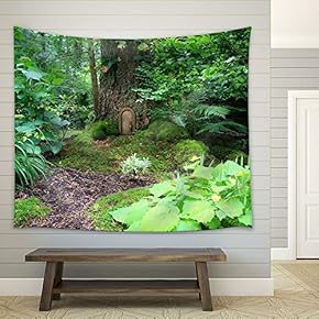 Elf House Little Wooden Fairy Tale Door in a Tree Trunk - Fabric Tapestry, Home Decor - 51x60 inches