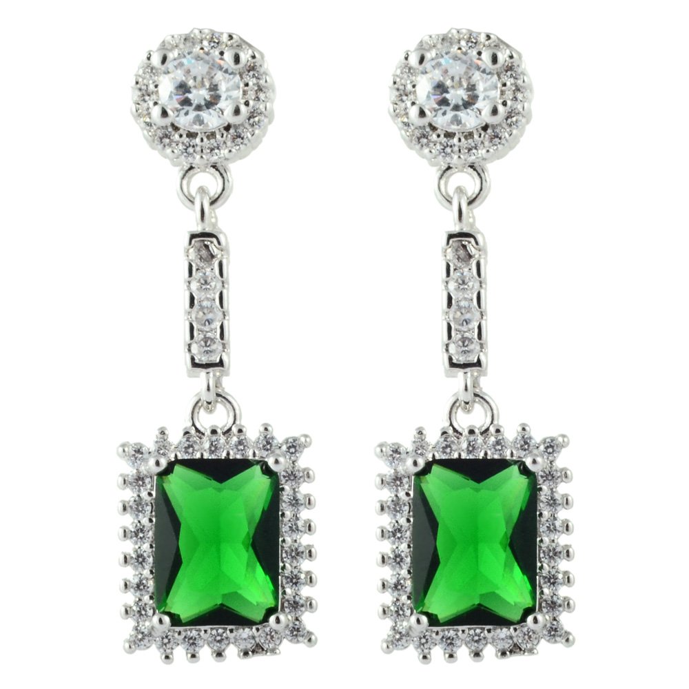 RIZILIA Drop Pierced Earrings with Rectangular Cut Gemstones CZ [Green Emerald] in 18K White Gold Plated, Simple Modern Elegance