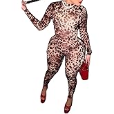 XZLUFNY Sexy Club Outfits for Women Y2K Leopard Jumpsuit High Waisted Slim Fit One Piece Bodysuits (Long, M)